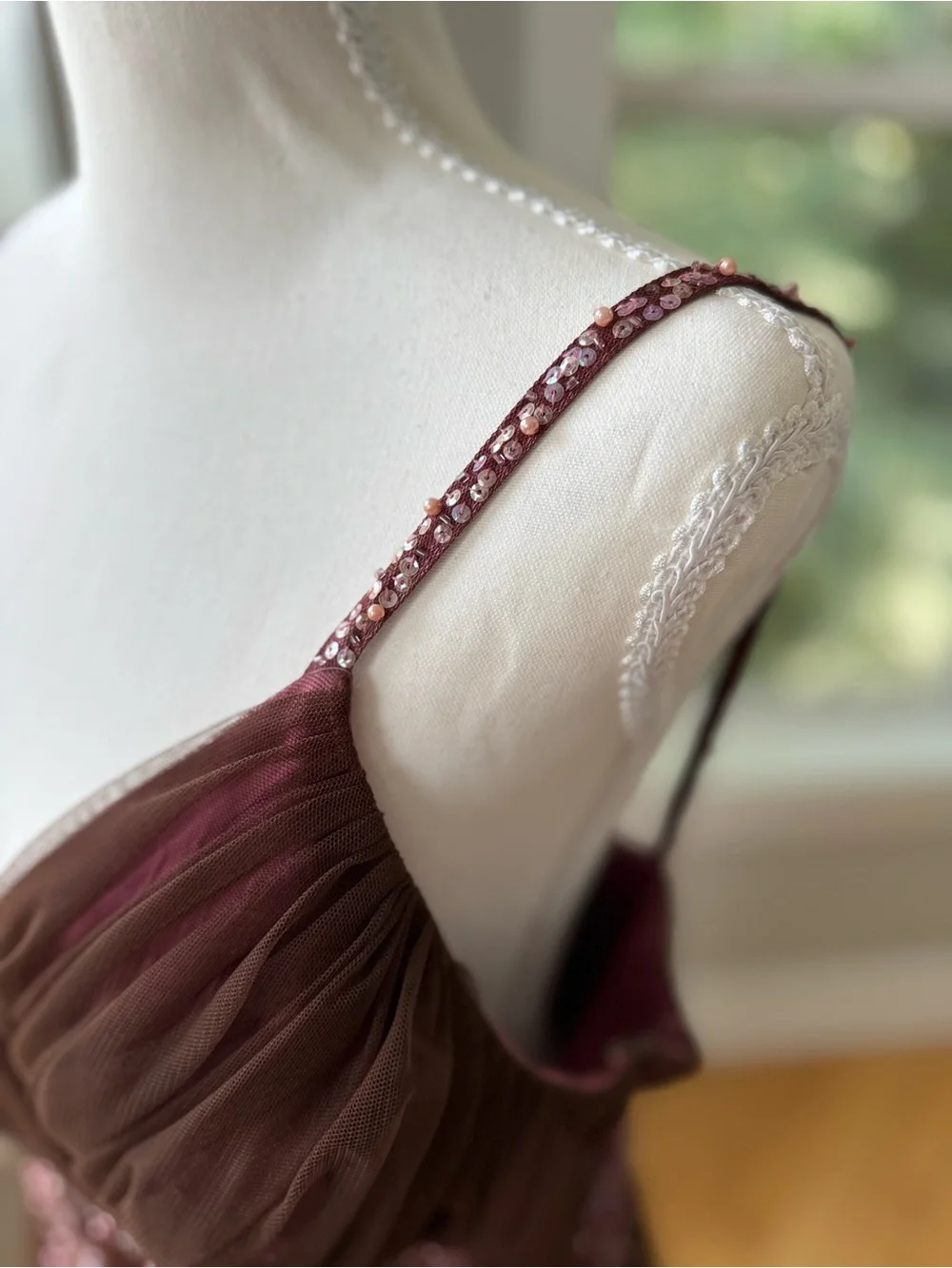 Vintage 90s JS Boutique Pink Brown Beaded Pearls Tulle Midi Dress Sz 14